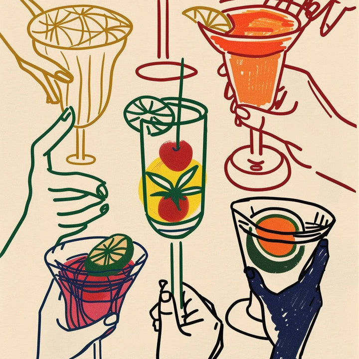 An illustrated image of various cocktails in different glasses, with a hand holding a glass, and a person's hand and arm in the background.